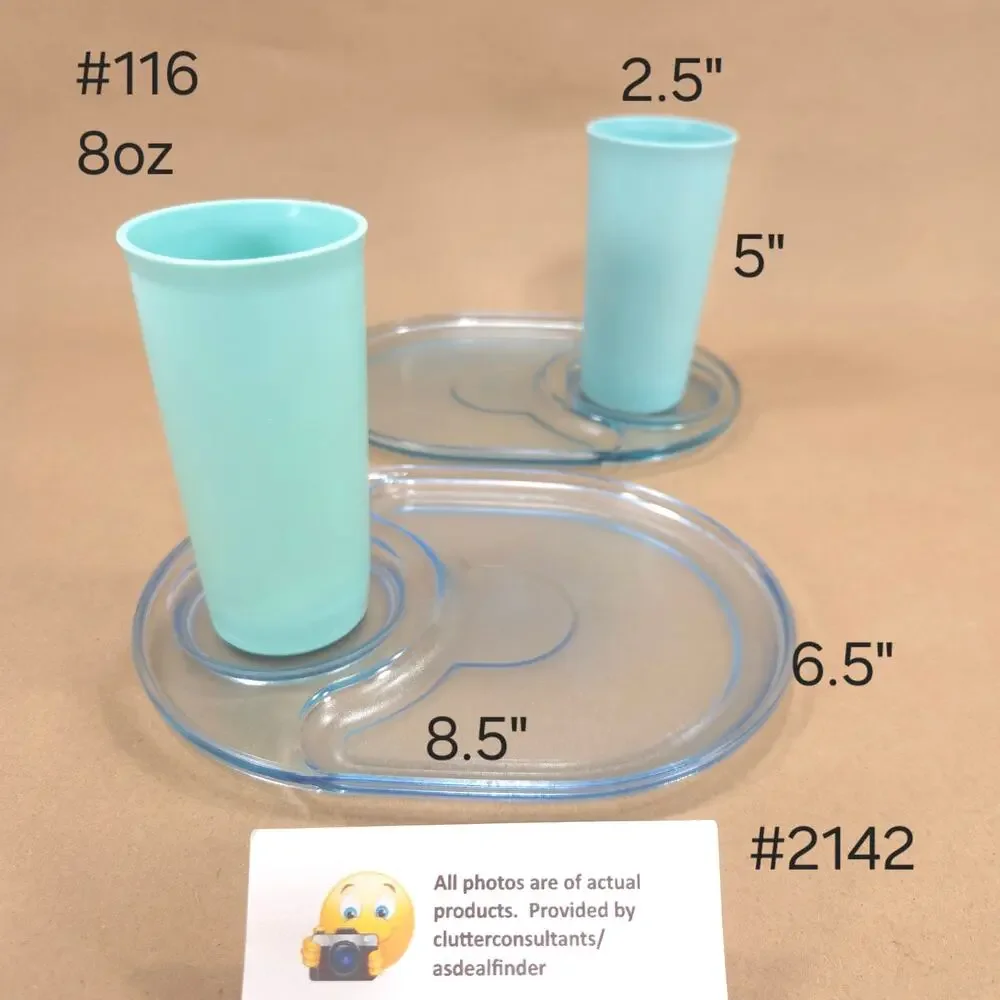 Tupperware Snackatizer Plates #2142 8 oz Tumblers #116 Blue Plastic #2015A Tray